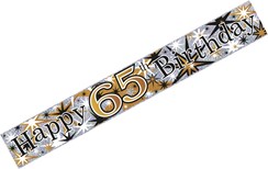 Age 65 Unisex Silver Foil Party Banner - Black and Gold Happy 65th Birthday