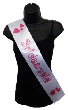 White Bridesmaid Hen Party Girls Night Satin Ribbon Sash - Pink Hearts