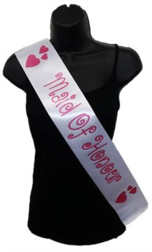 White Maid Of Honour Hen Party Girls Night Satin Ribbon Sash - Pink Hearts
