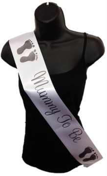 White Mummy To Be Baby Shower Party Satin Ribbon Sash - Black Baby Feet
