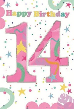 14th Birthday Card - Big Number with Pastel Colours Spots Stars & Foil 7.5x5.25"