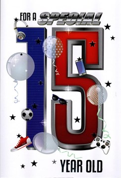 Age 15 Boy Birthday Card - Blue and Red Numbers Trainer Controller 7.5x5.25"