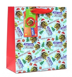 Medium Christmas Gift Bag -Dinosaurs in Santa Hats Trees & Gifts with Foil 10x8"