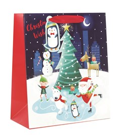 Medium Christmas Gift Bag - Santa Friends Ice Skating round Tree Glitter 10x8.5"