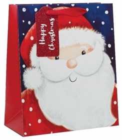 Medium Christmas Gift Bag - Santa Face Red Glitter Happy Christmas Tag 10x8.5"