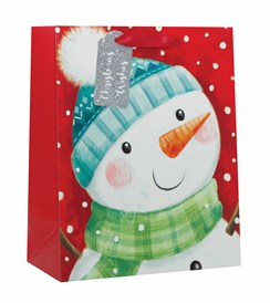 Medium Christmas Gift Bag - Red with Snowman and Silver Glitter Tag 10x8.5"
