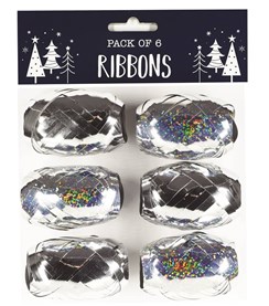 Pack of 6 Gift Wrapping Ribbons Cops - Silver Metallic Holographic