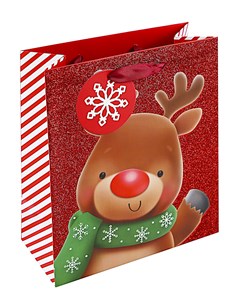 Medium Christmas Gift Bag and Tag- Red Glitter with Rudolph in Green Scarf 10x8"