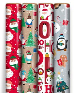 16m (4 x 4m) Cute Christmas Gift Wrap Paper Roll - Mixed Santa & Novelty Designs