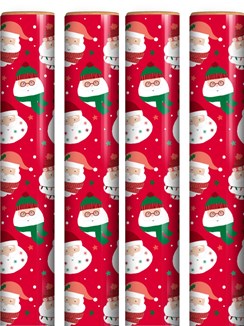 16m (4x4m) Christmas Gift Wrapping Paper - Red with Santa Faces Green Stars