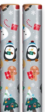 8m (2 x 4m) Cute Christmas Gift Wrap Paper Roll - Silver with Santa Penguin Tree