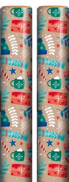 8m (2x4m) Modern Christmas Gift Wrapping Paper Roll - Brown with Christmas Icons