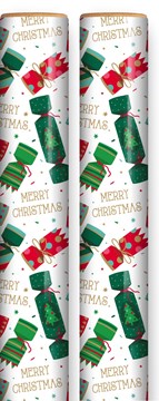 8m (2x4m) Modern Christmas Gift Wrapping Paper Roll - White Red Green Crackers