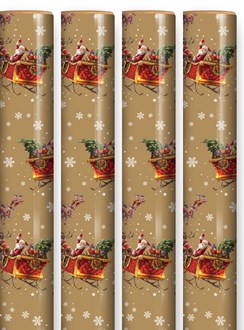 16m (4x4m) Traditional Christmas Gift Wrap Paper Roll - Gold Paper Santa Sleigh