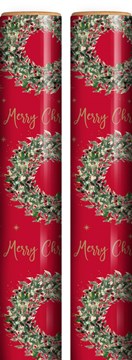 8m (2x4m) Traditional Christmas Gift Wrap Paper Roll - Red with Holly Wreaths