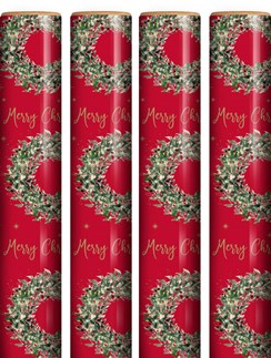 16m (4x4m) Traditional Christmas Gift Wrap Paper Roll - Red with Holly Wreath