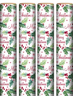 16m (4 x 4m) Traditional Christmas Gift Wrapping Paper Roll - White with Holly