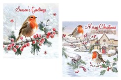 Pack of 12 Scenic Square Christmas Cards - Robins and Holly with Red Foil