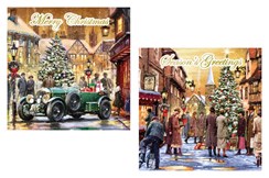 Pack of 12 Square Christmas Cards - Vintage Car and Street Scene with Gold Foil