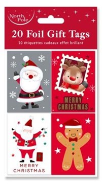 Pack of 20 Christmas Foil Gift Tags with Red Twine String - Cute Santa Designs
