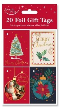 Pack of 20 Christmas Foil Gift Tags with Red Twine String - Traditional Designs