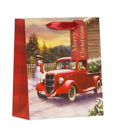 Medium Christmas Gift Bag - Red Truck with Xmas Tree & Snowman 10x8.5"