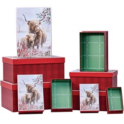 Set Of 10 Oblong Christmas Nested Gift Boxes - Highland Cows in Snow