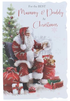 Mummy & Daddy Christmas Card - Santa In Chair with Gifts Tree & Glitter 9" x 6" Mummy & Daddy Christmas Card - Santa In Chair with Gifts Tree & Glitter 9" x 6"