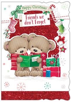 Friends Christmas Card - Knitted Bears Carol Singing with Red Glitter 7.5"x5.25"