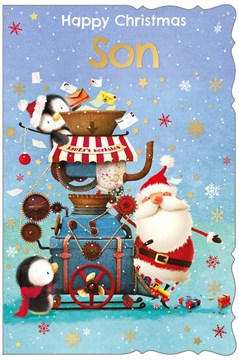 Son Christmas Card - Santa & Penguins in Santa's Workshop with Foil 9" x 6"