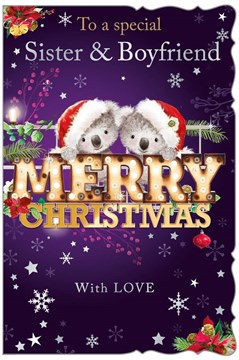Sister & Boyfriend Christmas Card -  Santa Bears & Merry Christmas Lights 9 x 6"