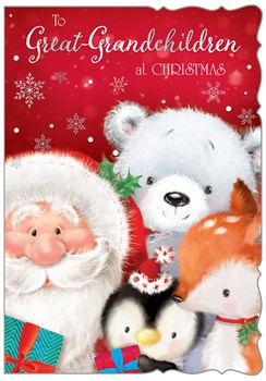 Great Grandchildren Christmas Card - Santa & Friends with Silver Foil 7.5x5.5"