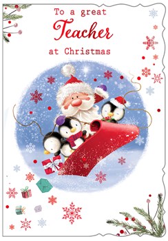 Teacher Christmas Card - Santa & Penguins on Sleigh with Red Foil 7.5 x 5.5"