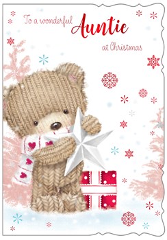 Auntie Christmas Card - Cute Knitted Bear with Star and Gift Red Foil 7.5x5.25"