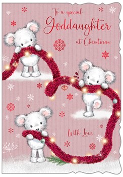 Goddaughter Christmas Card - Mouse Bears Holding Tinsel Lights & Foil 7.5x5.25" Goddaughter Christmas Card - Mouse Bears Holding Tinsel Lights & Foil 7.5x5.25"