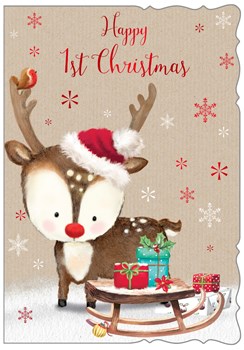 Baby's First Christmas Card - Reindeer with Sleigh & Foil 7.5" x 5.25"
