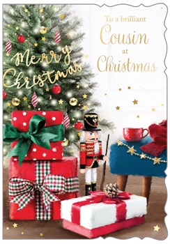 Cousin Christmas Card - Tree with Gifts & Nutcracker with Foil 7.5x5.25"