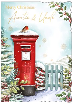 Auntie & Uncle Christmas Card - Robin on Post Box Gold Foil Snowflakes 7.5x5.25"