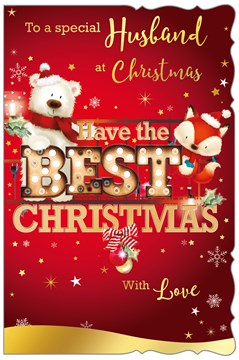 Husband Christmas Card - Polar Bear and Fox with Gold Foil 9" x 6" Husband Christmas Card - Polar Bear and Fox with Gold Foil 9" x 6"
