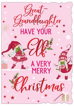 Great Granddaughter Christmas Card - Pink with Nordic Elf and Red Foil 7.25x5.5"
