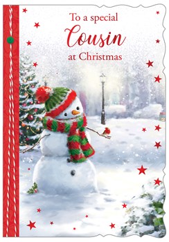 Special Cousin Christmas Card - Snowman & Robin in Snow with Red Foil 7.5x5.25"