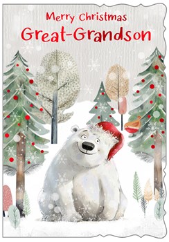 Great Grandson Christmas Card - Polar Bear in Santa Hat with Red Foil 7.5x5.25"