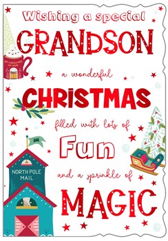 Grandson Christmas Card - Christmas Fun and Magic with Red Foil 7.5x5.25"