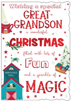 Great-Grandson Christmas Card - Fun and Magic with red  Foil 7.5x5.25"