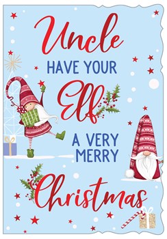 Uncle Christmas Card - Blue with Nordic Gnome Elf and Red Foil 7.25x5.5"