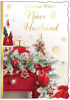 Niece & Husband Christmas Card - Santa & Garland on Red Dresser Gold 7.5x5.25"