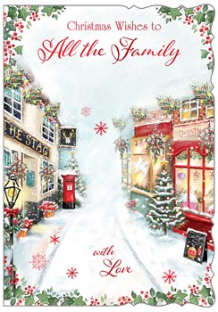 To All the Family Christmas Card - Pub and Shops in Snow with Red Foil 7.5x5.25"