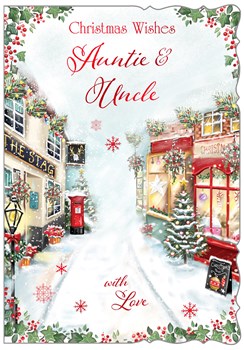 Auntie & Uncle Christmas Card - Village Street in Snow with Red Foil 7.5x5.25"
