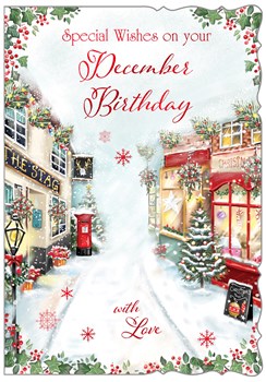 December Birthday Christmas Card - Pub and Shops in Snow with Red Foil 7.5x5.25"