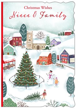 Niece & Family Christmas Card - Xmas Tree Village Scene Red Foil 7.5x5.25"